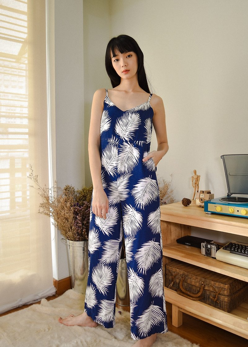 DARK BLUE PALM FLORAL PRINT JUMPSUIT WITH SPAGHETTI STRAP AND BACK ZIPPER - Overalls & Jumpsuits - Other Materials Blue
