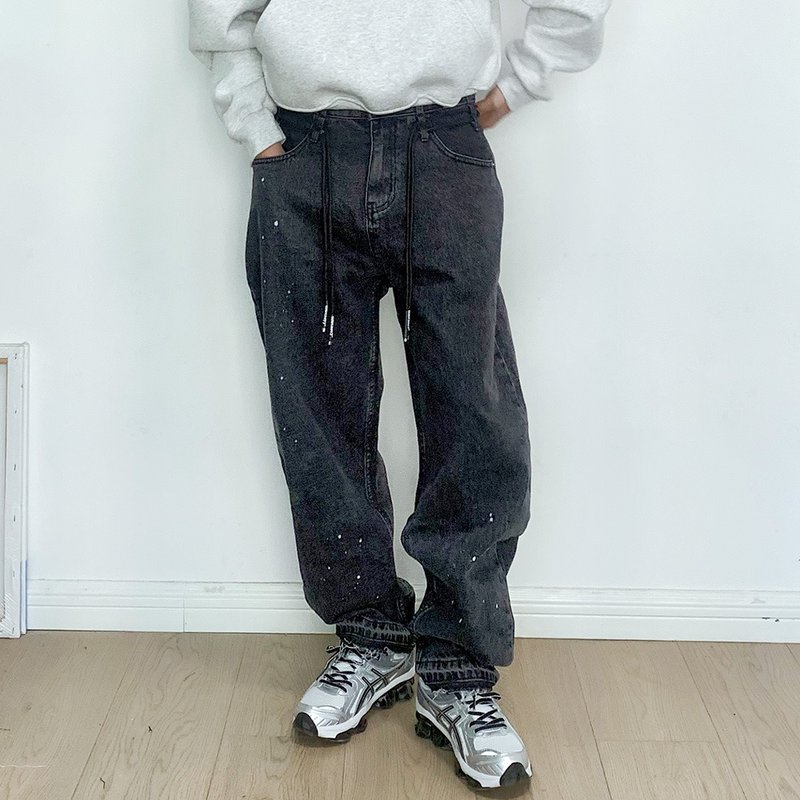 7AB 日系復古做舊水洗抽繩甩漆寬松直筒牛仔長褲 - 男長褲/休閒褲 - 棉．麻 