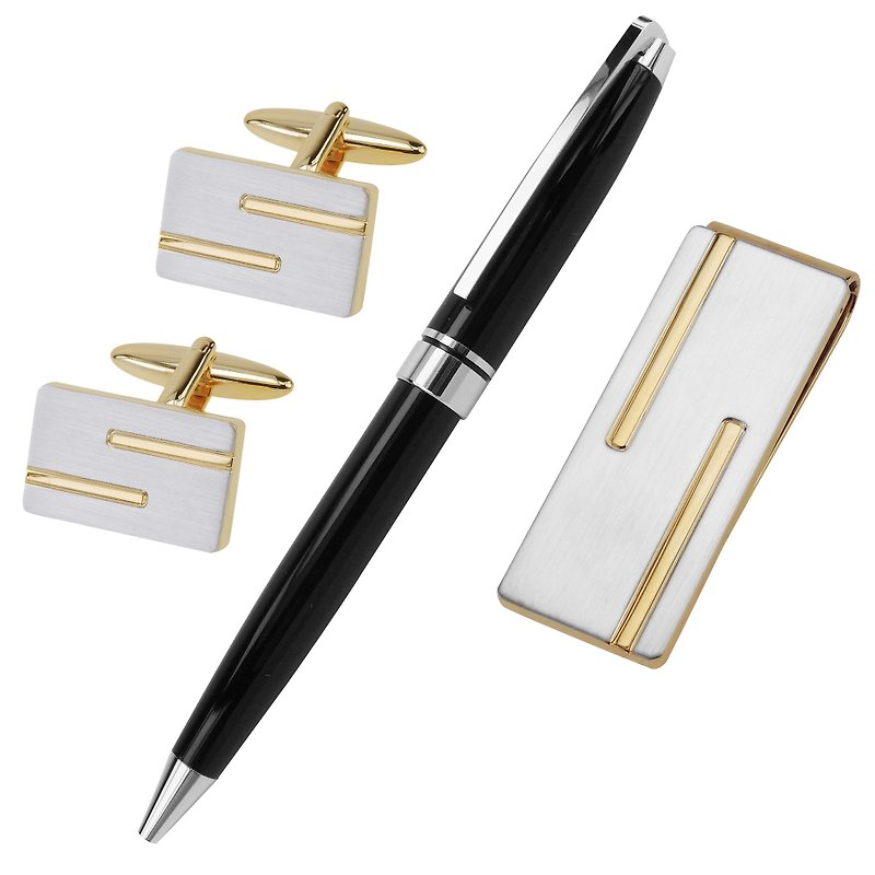 Brushed Silver with Gold Lines Cufflinks Money Clip and Pen Set - กระดุมข้อมือ - โลหะ สีทอง