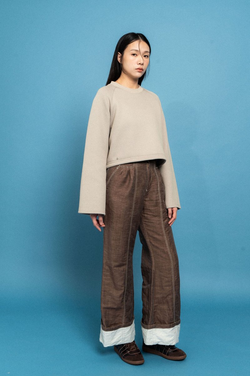 奶油色短版衛衣 Cream Sleeve Crop Sweatshirt - 女上衣/長袖上衣 - 棉．麻 卡其色