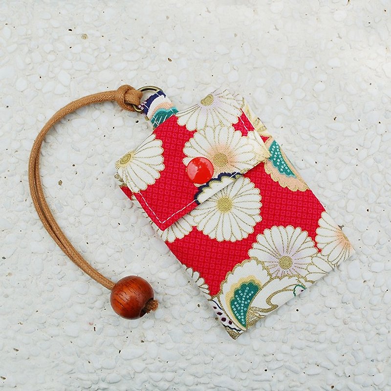 Japanese style maru chrysanthemum card bag_red/card sleeve business card bag - ที่ใส่บัตรคล้องคอ - ผ้าฝ้าย/ผ้าลินิน สีแดง