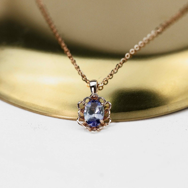 【PurpleMay Jewellery】純18K黃金鑲嵌坦桑石復古花卉吊墜-P065 - 項鍊 - 寶石 藍色
