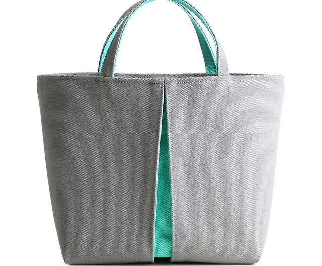 KOSHO ougi pleats Canvas Tote Bag M, Light Grey/Emerald Green