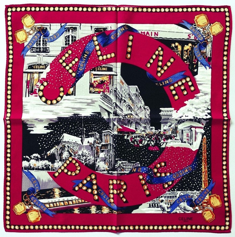 Celine Paris Vintage Handkerchief, 18.5x 18.5 inches, Snow Winter Celebration - 手帕 - 棉．麻 紅色