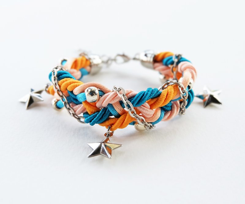 Blue Orange Peach braided bracelet with silver color materials and stars - 手鍊/手鐲 - 其他材質 橘色