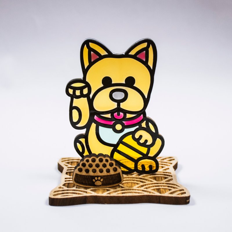 【Moko Bastet】Lucky Mongrel, Mixed Dog with Wooden Base - Items for Display - Resin Multicolor