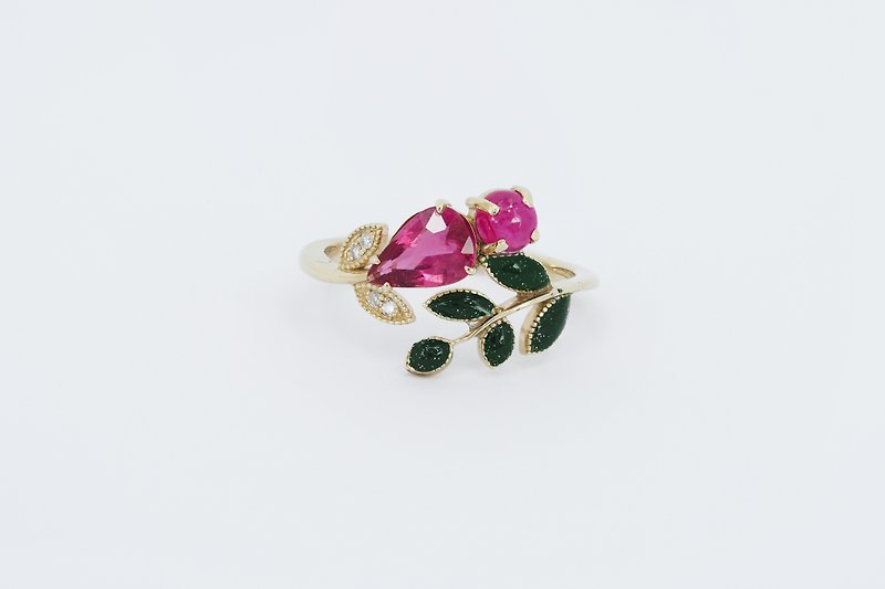 14k floral gold ring with Enamel Leaves with tourmaline, ruby diamonds. - แหวนทั่วไป - เครื่องประดับ สีทอง