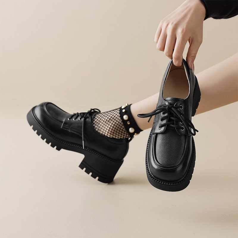 women's loafers platform lace up round toe genuine leather shoes - รองเท้าหนังผู้หญิง - หนังแท้ สีดำ