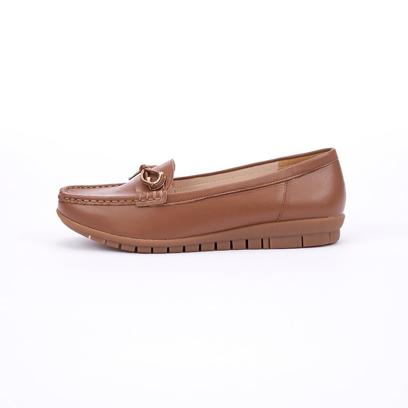 Plus size women's shoes 41-45 made in Taiwan metal buckle bow moccasin loafers 2.5cm brown - รองเท้าลำลองผู้หญิง - หนังแท้ สีนำ้ตาล