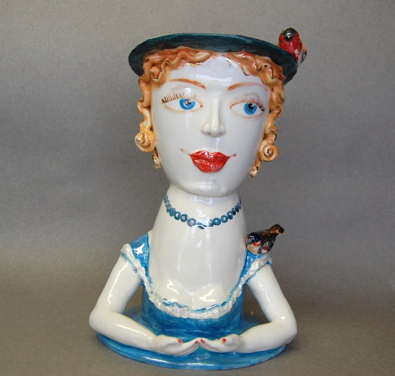 Lady head vase Ceramic sculpture Vase bust Lady with birds figurine - เซรามิก - ดินเผา หลากหลายสี