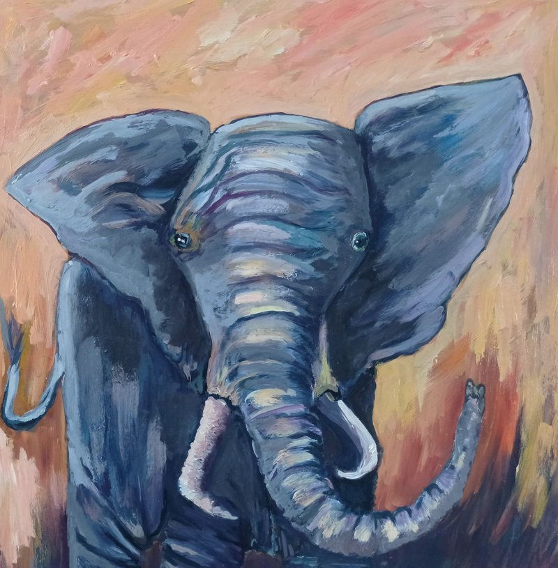 Elephant Oil Painting Animal Original Art Elephant Original Artwork 10x10in - 海報/掛畫/掛布 - 其他材質 