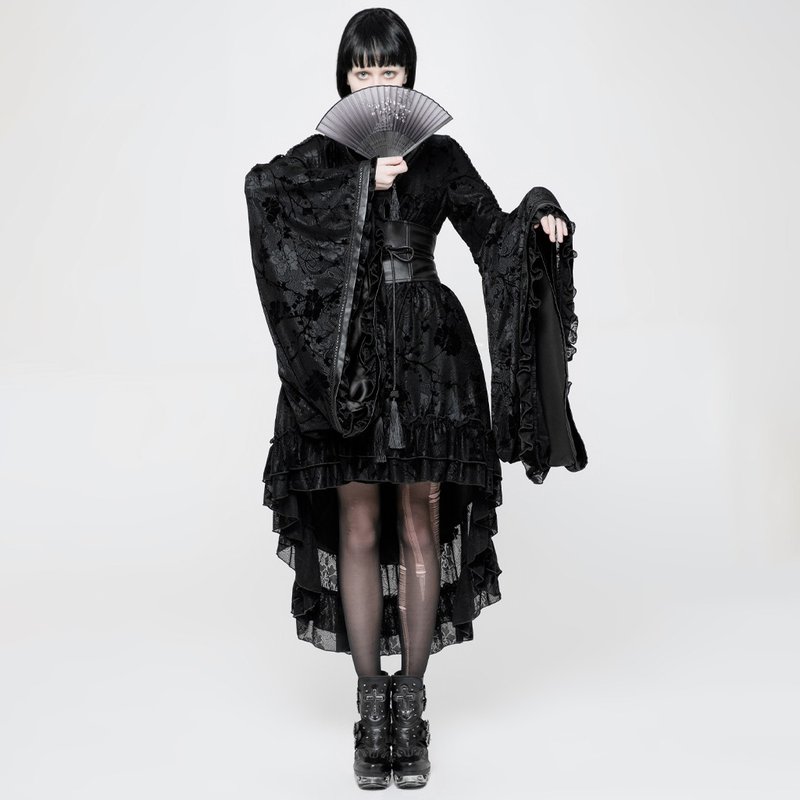 Gothic Flocking Printed Soul Kimono - ชุดเดรส - วัสดุอื่นๆ สีดำ