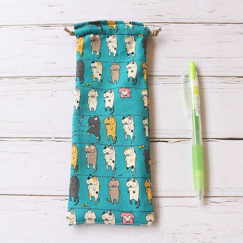 Tan cat pencil case / bundle pocket pencil case storage bag - กล่องดินสอ/ถุงดินสอ - ผ้าฝ้าย/ผ้าลินิน สีน้ำเงิน