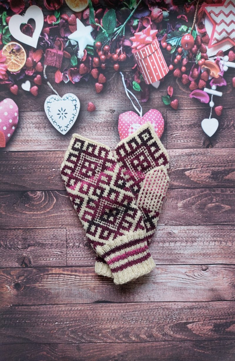 Women's hand-knitted wool mittens are very warm with a pattern - 手套 - 羊毛 紫色