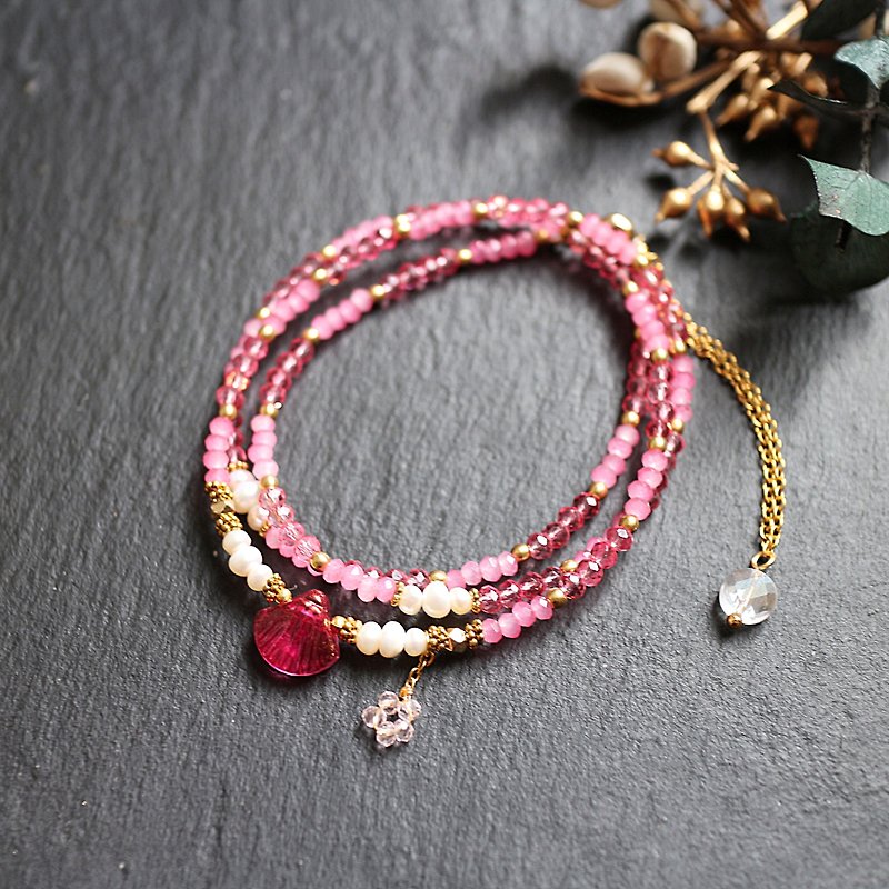 不鏽鋼玻璃珍珠三層調節式手鍊項鍊兩用鍊桃紅色 - 手鍊/手鐲 - 玻璃 粉紅色