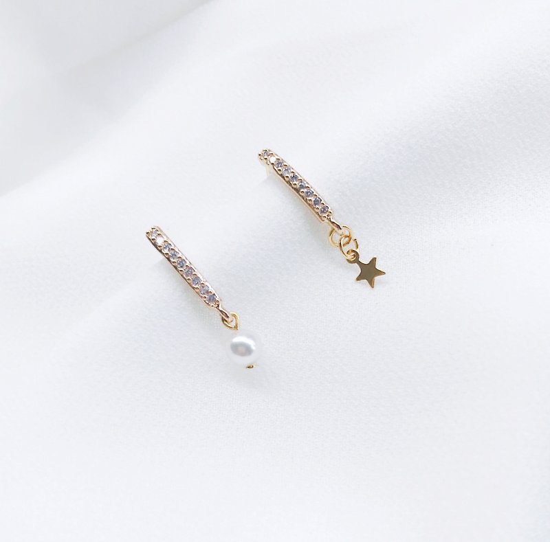 Star wish pearl asymmetric earrings 14k gold inlaid zircon pearl earrings can be changed - Earrings & Clip-ons - Pearl Gold