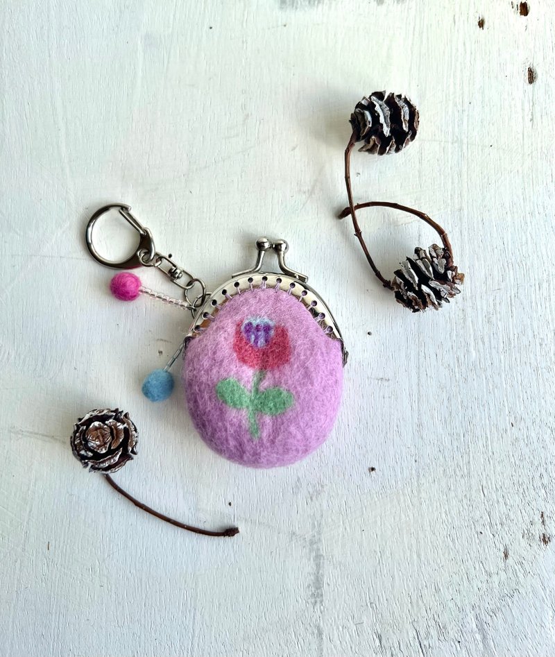 花の羊毛刺繍ミニミニがま口ーさくら - 零錢包/小錢包 - 羊毛 粉紅色
