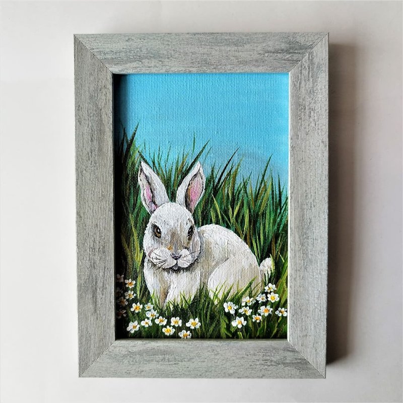 White Rabbit Painting Animal Artwork Wall Decoration Portrait of a baby rabbit - 壁貼/牆壁裝飾 - 壓克力 多色