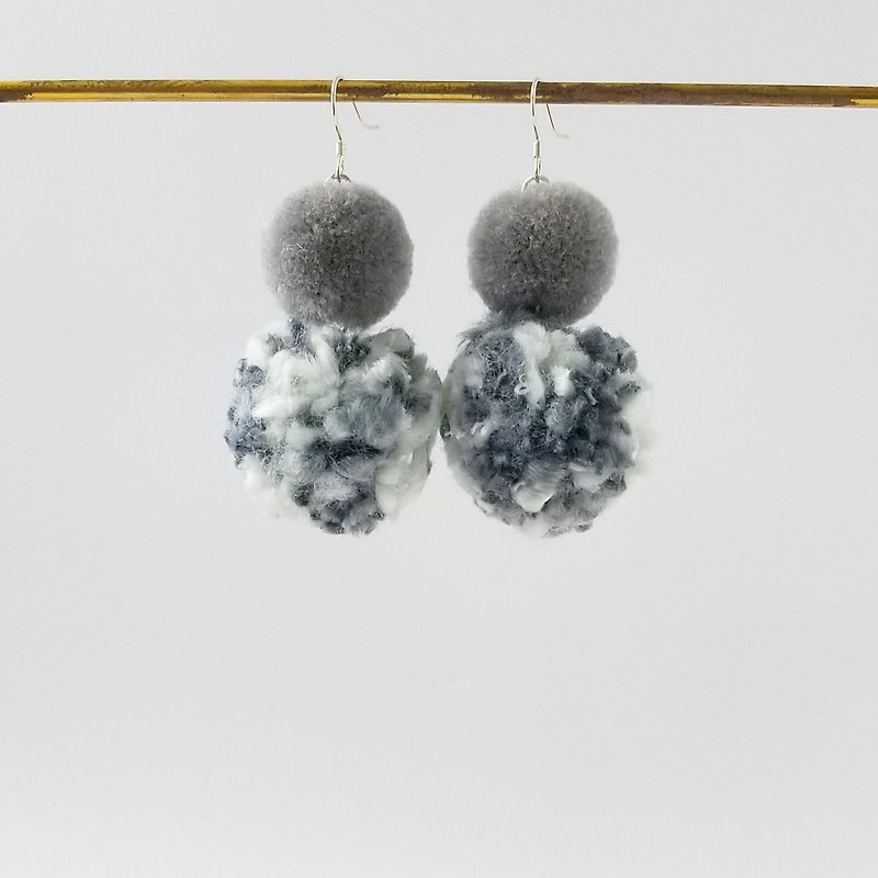Twin pom pom (heather) earring - Earrings & Clip-ons - Cotton & Hemp Gray