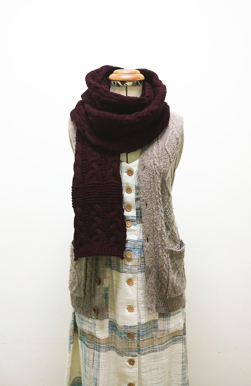 Lan毛線圍巾(麻花酒紅) - 圍巾/披肩 - 其他人造纖維 紅色