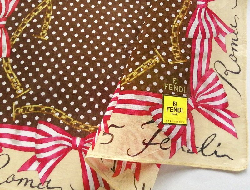 FENDI Vintage Handkerchief Gift for Her Ribbon Chain 18 x 18 inches - 手帕 - 棉．麻 咖啡色