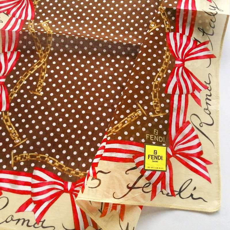 FENDI Vintage Handkerchief Gift for Her Ribbon Chain 18 x 18 inches - 手帕 - 棉．麻 咖啡色