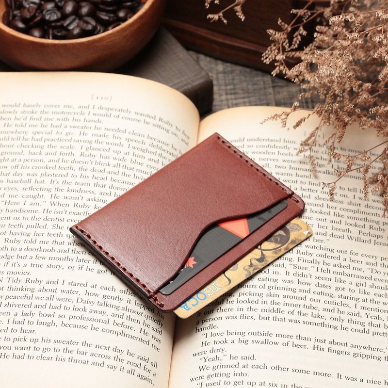 Retro ticket card holder∣coffee red hand-dyed vegetable tanned cow leather∣multi-color - ID & Badge Holders - Genuine Leather Brown