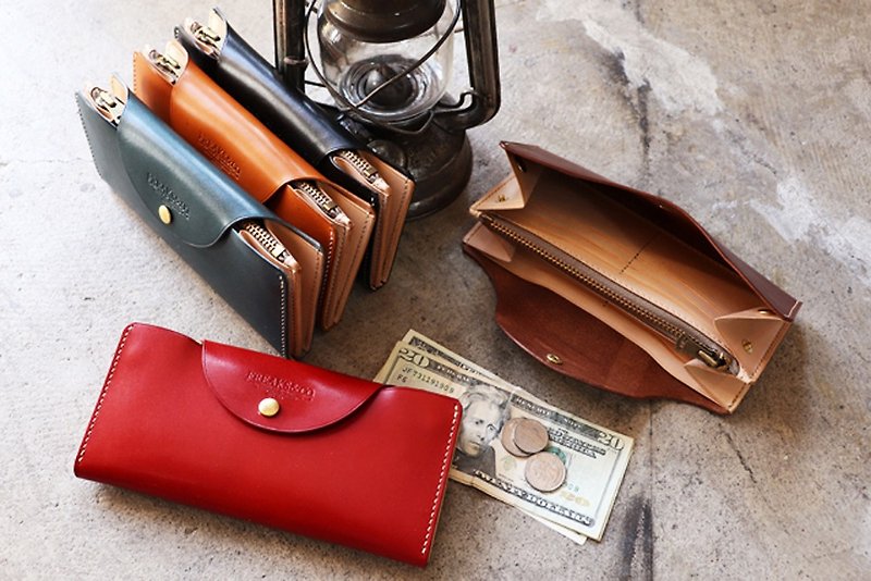 [Tochigi leather] Flap long wallet Made to order - Wallets - Genuine Leather Red