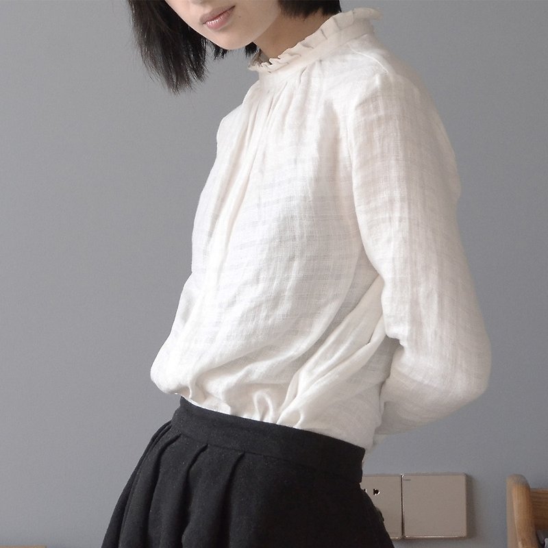 日系亞麻提花短款襯衣|襯衣|亞麻|獨立品牌|Sora-118 - 恤衫 - 棉．麻 白色