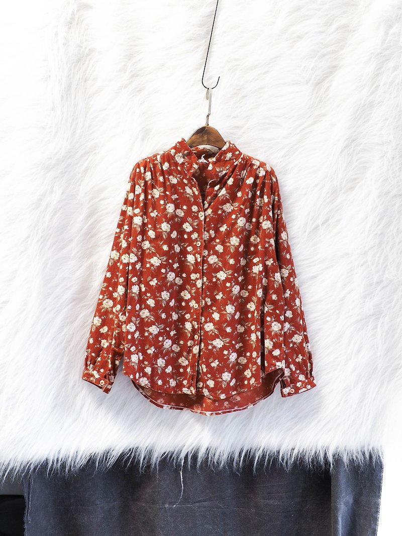 Kagoshima Cheng Orange Floral Folds Simple Youth Time Antique Cotton Shirt Top Jacket Vintage - Women's Shirts - Cotton & Hemp Orange