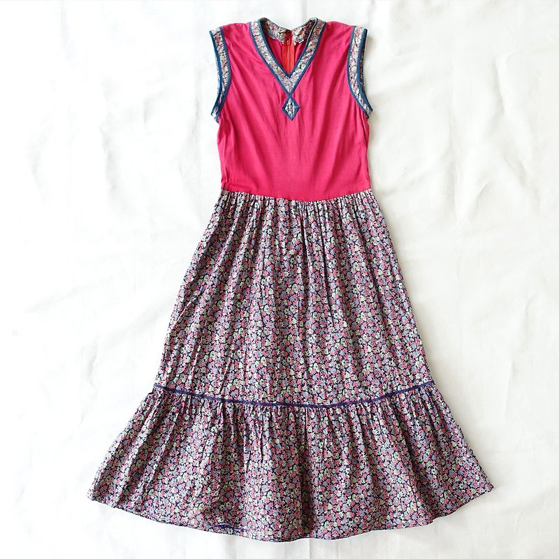 BajuTua / vintage / Gunne sax wind sleeveless dress with pink flowers - One Piece Dresses - Cotton & Hemp Red