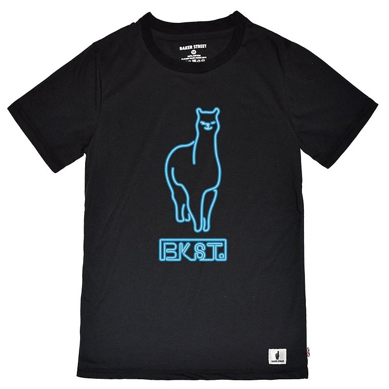 British Fashion Brand -Baker Street- Neon Alpaca Printed T-shirt - เสื้อยืดผู้ชาย - ผ้าฝ้าย/ผ้าลินิน สีดำ