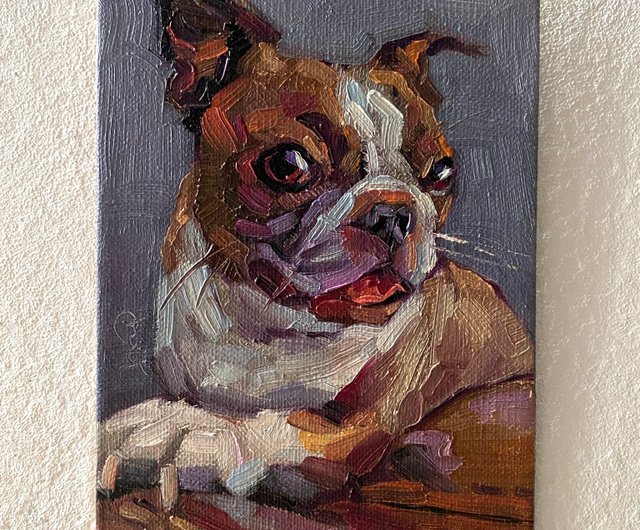 犬の油絵オリジナル、ペットの肖像画アートワーク、動物の