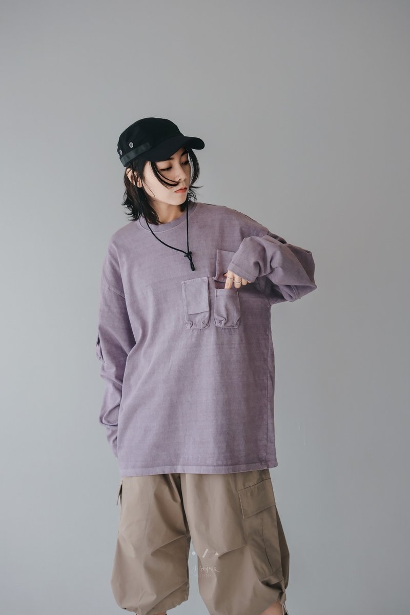 雙双口袋水洗長袖TEE - 2色 -  雙水洗紫 - 女 T 恤 - 棉．麻 紫色