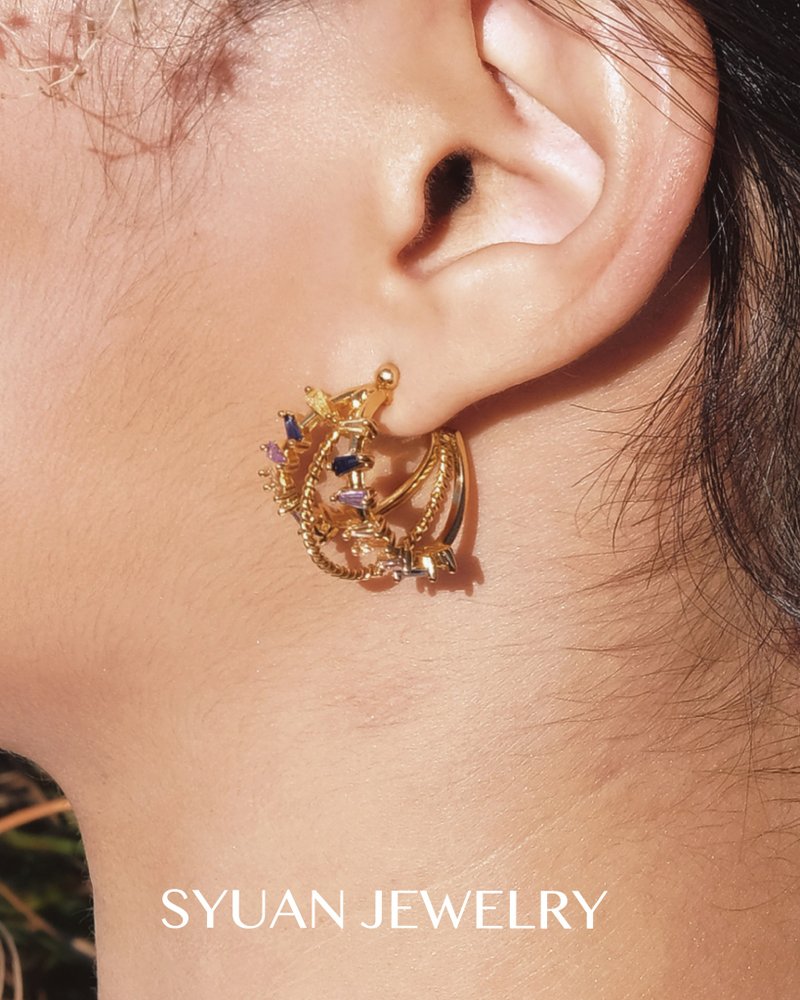 SYUAN JEWELRY|Gleeful hues—plated 18K rainbow Stone moon curve earrings - Earrings & Clip-ons - Other Metals 