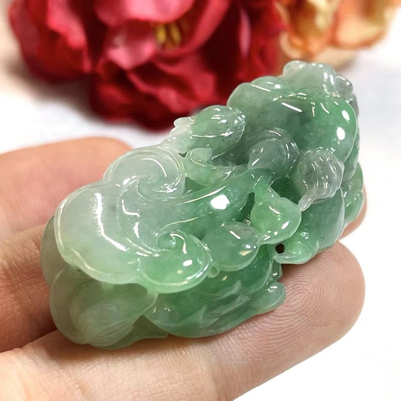 多寶晶石/天然翡翠A貨冰綠貔貅吊墜/陽綠貔貅/蘋果綠/綠如意貔貅 - 項鍊 - 玉石 綠色