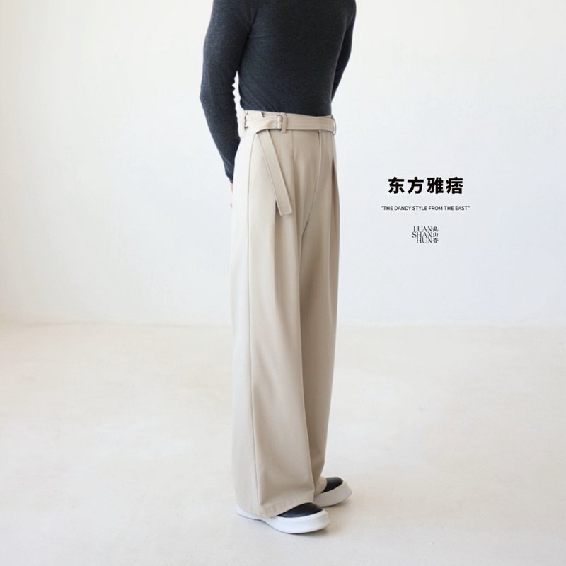 Luanshanhundongfangyupi new Chinese style original apricot double pleated two-color belt casual pants all-match autumn and winter - กางเกงขายาว - วัสดุอื่นๆ 