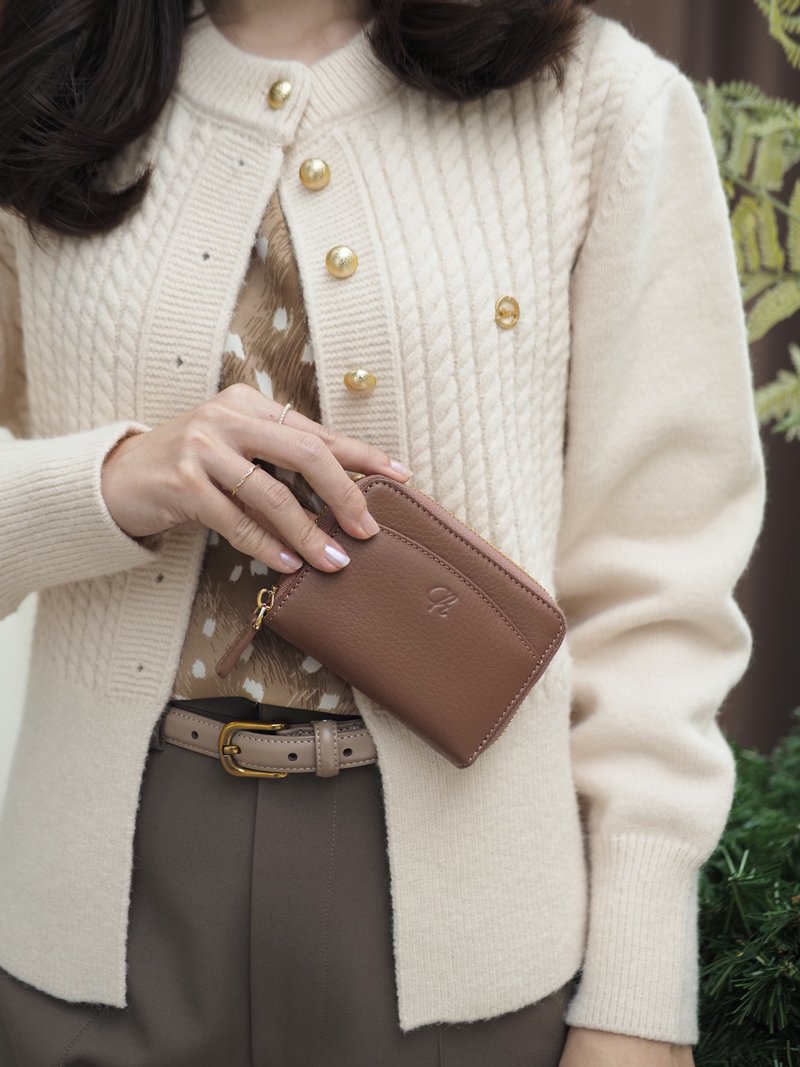 Penni (Wood) : Zip wallet, Short wallet, Leather, Brown, mini wallet - 皮夾/長短夾/錢包 - 真皮 咖啡色