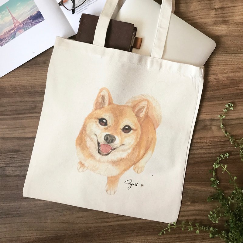 Shiba Ink Canvas Bag - トート・ハンドバッグ - コットン・麻 カーキ