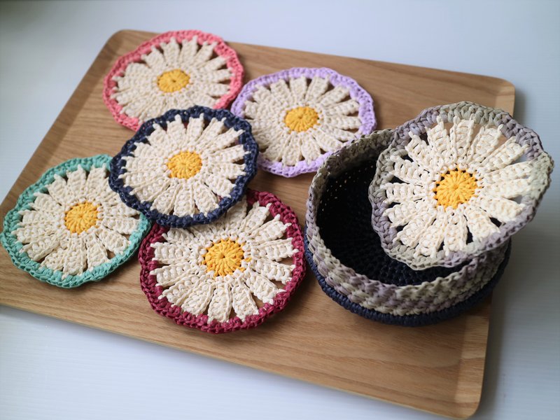 crochet coasters set with storage-basket - ของวางตกแต่ง - กระดาษ หลากหลายสี