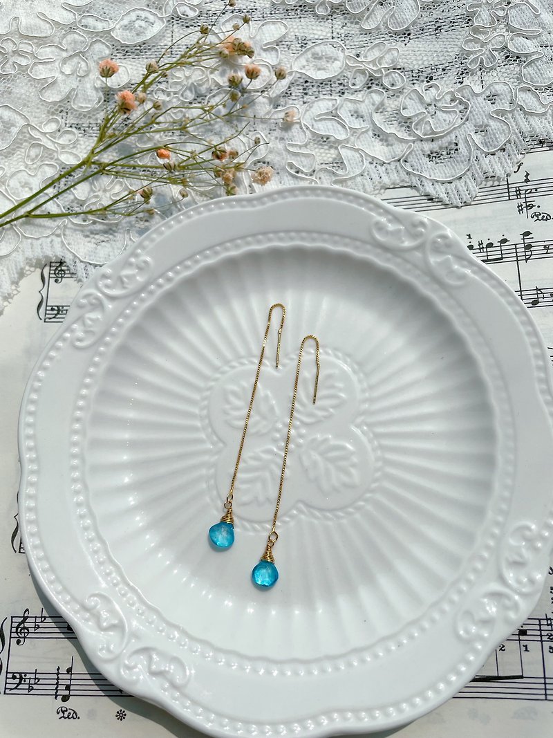 14K Gold Packed Swiss Blue Stone Water Drop November Birthstone Customized Ear Wire Earrings - ต่างหู - เครื่องประดับพลอย สีน้ำเงิน