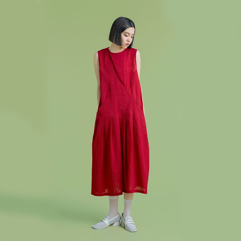 tan tan / 紅色褶子洋裝 - 連身裙 - 棉．麻 紅色