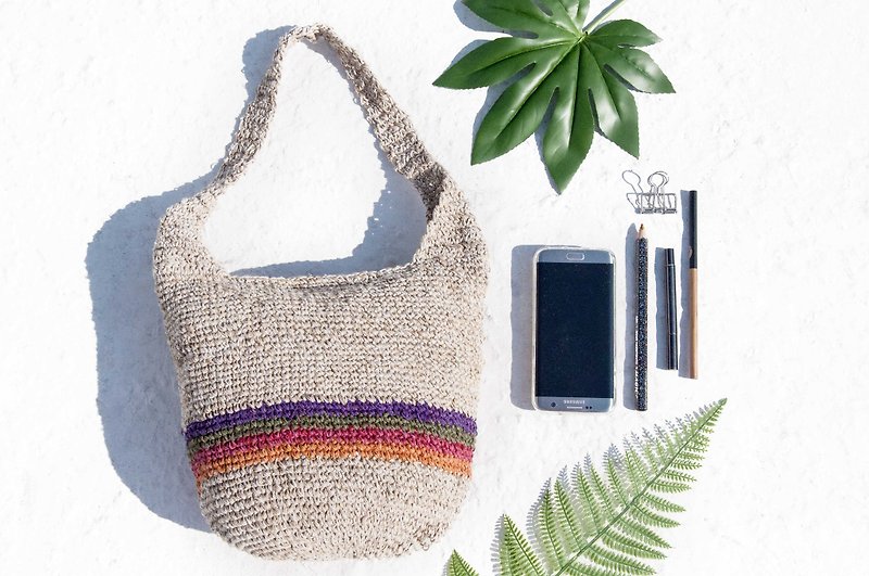 Natural cotton Linen crocheted portable bag / oblique backpack / shoulder bag / shoulder bag / bag / cylindrical bag - Dessert - กระเป๋าแมสเซนเจอร์ - ผ้าฝ้าย/ผ้าลินิน หลากหลายสี