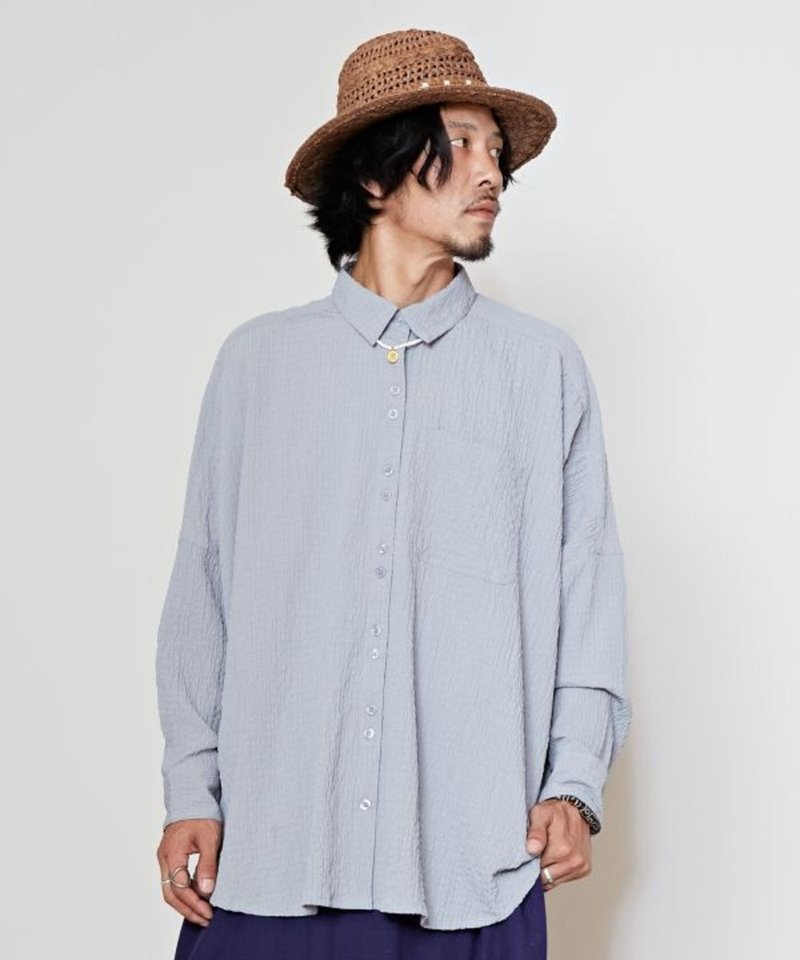 [Popular Pre-order] Simple wrinkled textured seersucker unisex loose shirt (3 colors) IVN-5101 - Men's Shirts - Cotton & Hemp Multicolor