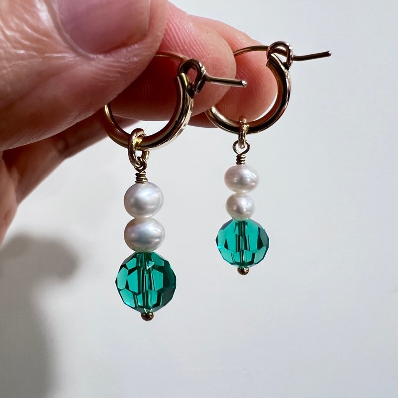 天然珍珠 祖母綠綠水晶垂墜耳環 手工設計耳飾 - 耳環/耳夾/耳骨夾 - 珍珠 