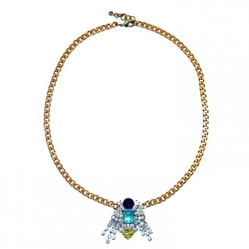 Petit Bouton necklace Czech button & fringed rhinestone pendant necklace PBNL 05 - สร้อยคอ - โลหะ สีทอง