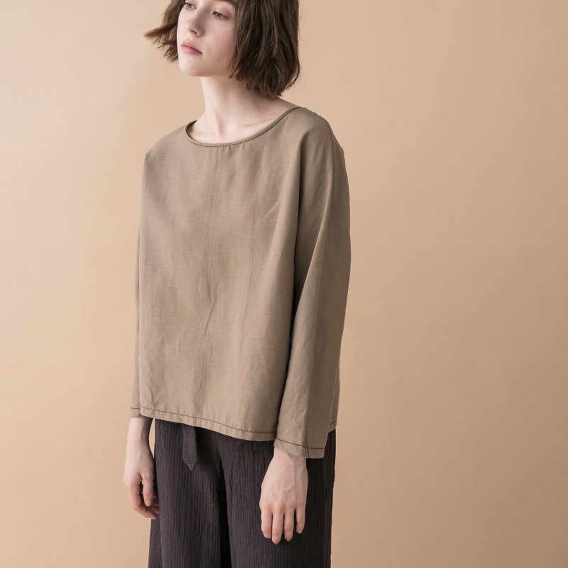 Seamed long sleeves tee - Khaki - เสื้อผู้หญิง - ผ้าฝ้าย/ผ้าลินิน สีกากี