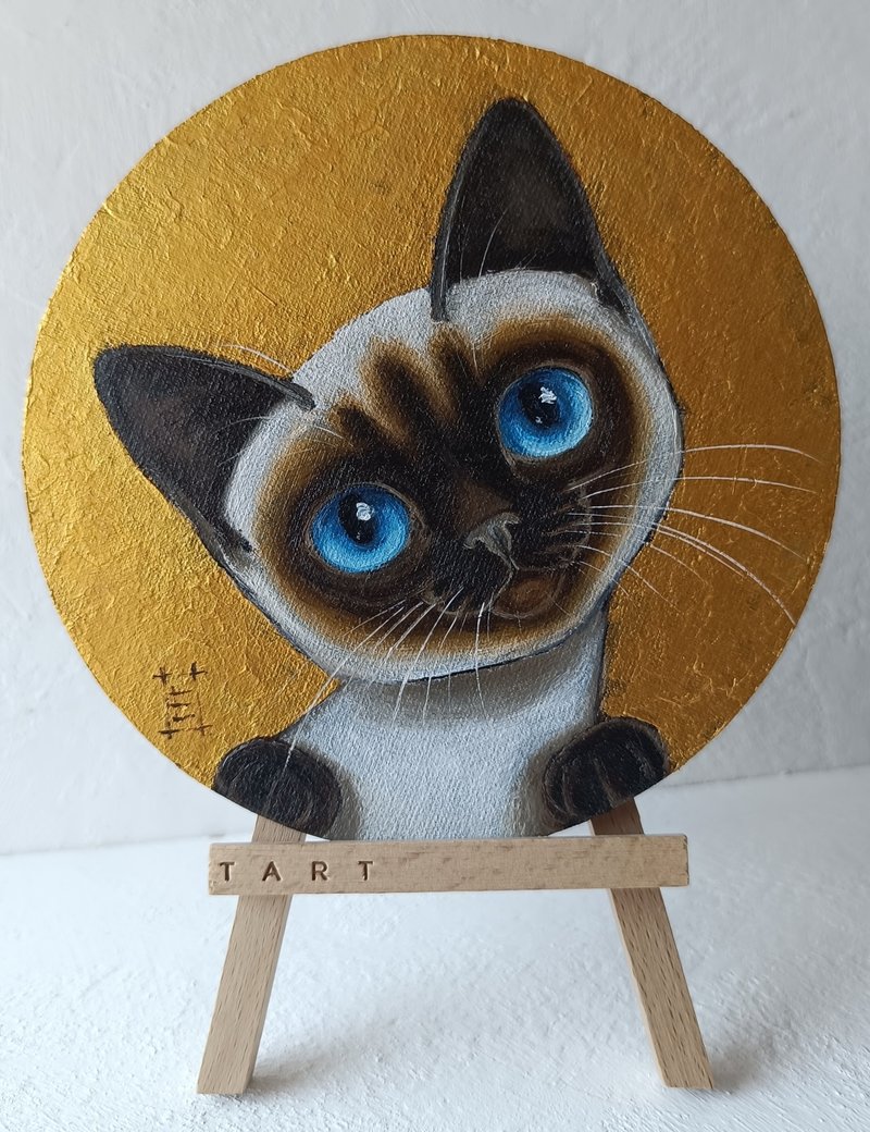 Siamese kitten oil painting Cat Art 15 cm diameter - Wall Décor - Other Metals Gold