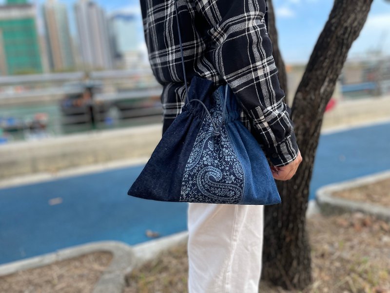 Denim cord bag drawstring pocket - Drawstring Bags - Cotton & Hemp Blue
