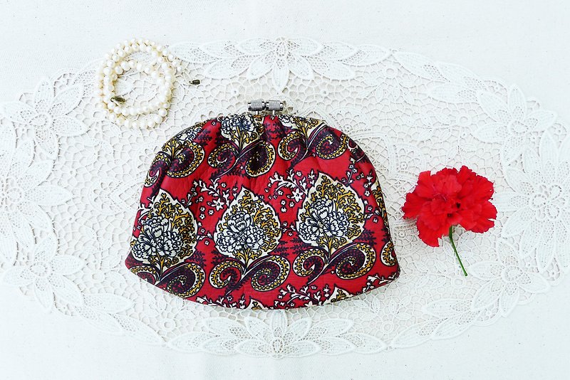 70s Japanese Vintage Red Genuine Leather with Florals Printed Clutch - Clutch Bags - Genuine Leather Red